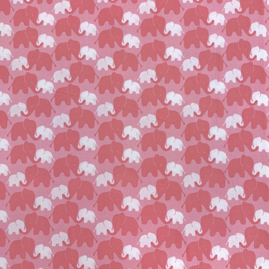 Coton à motif - Éléphant Rose et Blanc